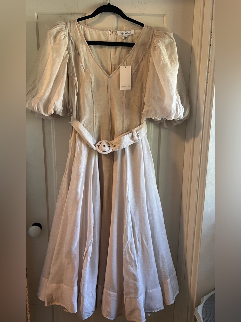 Sofie the Label light pink/Cream Puff-Sleeve Midi Dress with Waist Belt